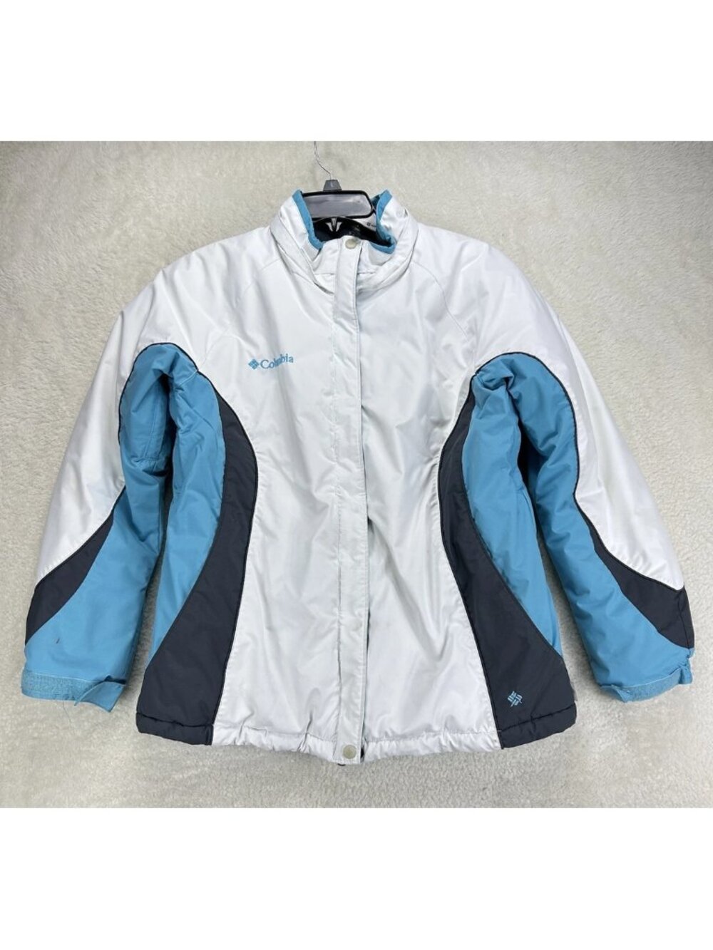 Columbia Jacket Women Lg‎ White Blue Zip Fleece Lined Pockets Ski Coat “Read”